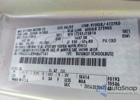 2005 Ford E-350 Super Duty Xl/Xlt из США, поврежденный, VIN 1FBSS31L85HB47161